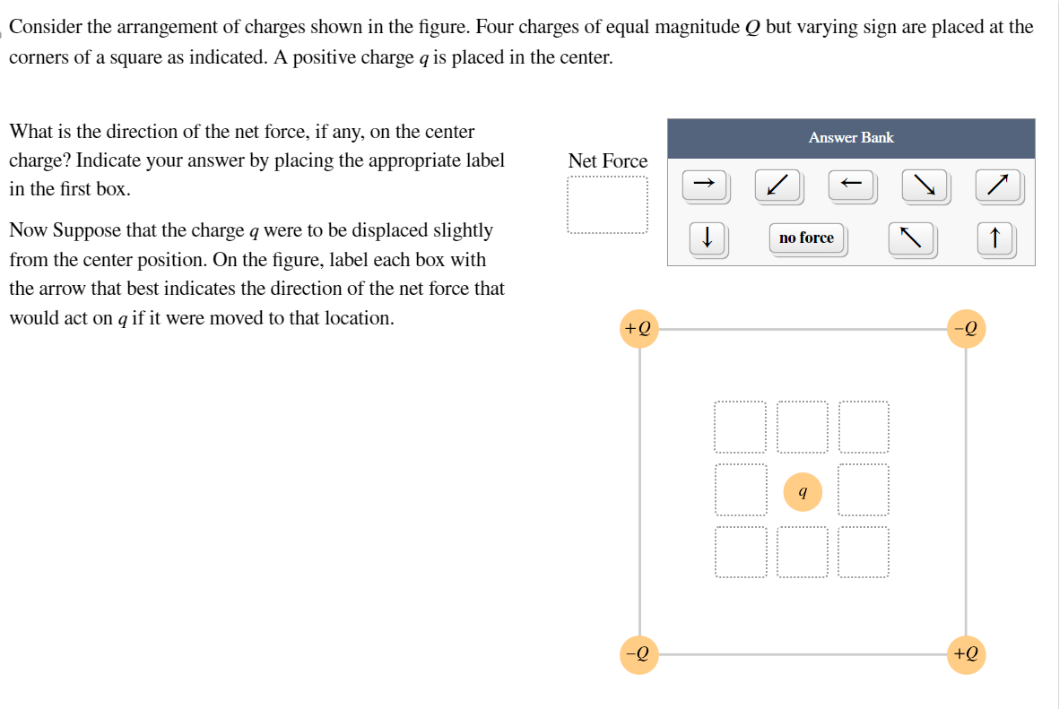 Consider the arrangement of charges shown in the figure. Four charges of equal magnitude Q but varying sign are placed at the
corners of a square as indicated. A positive charge q is placed in the center.
What is the direction of the net force, if any, on the center
charge? Indicate your answer by placing the appropriate label
in the first box.
Now Suppose that the charge q were to be displaced slightly
from the center position. On the figure, label each box with
the arrow that best indicates the direction of the net force that
would act on q if it were moved to that location.
Net Force
+Q
✓
Answer Bank
no force
9
Q
+Q