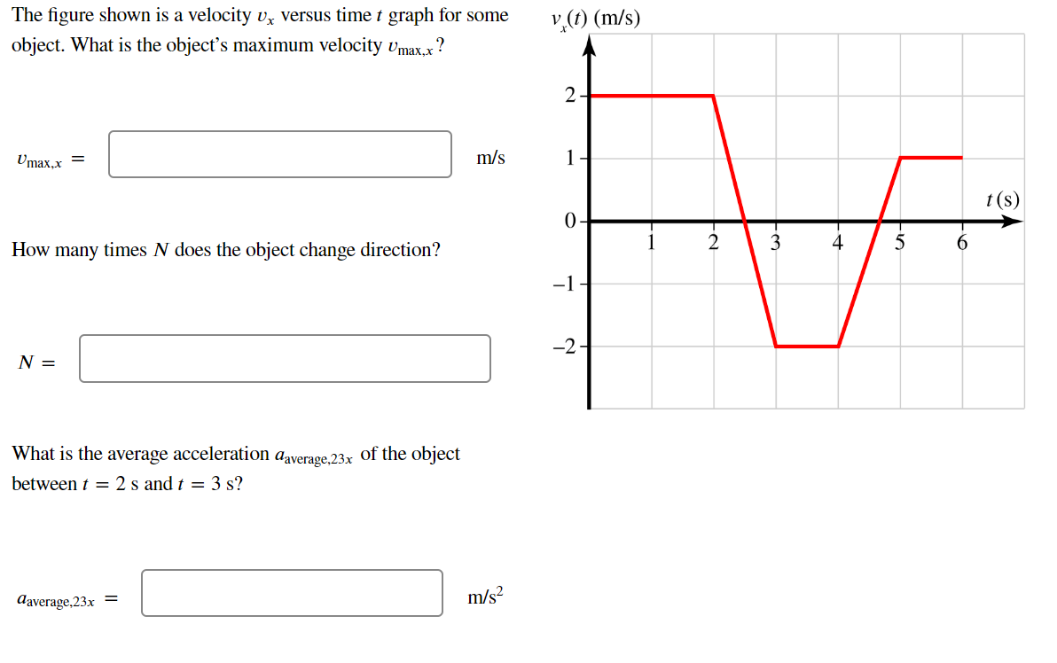 The figure shown is a velocity u versus time t graph for some
object. What is the object's maximum velocity Umax,x?
Umax.x =
How many times N does the object change direction?
N =
What is the average acceleration aaverage,23x of the object
between t = 2 s and t = 3 s?
daverage,23x =
m/s
m/s²
v (t) (m/s)
2
14
0-
-1-
-2-
3
-10
5
6
t(s)