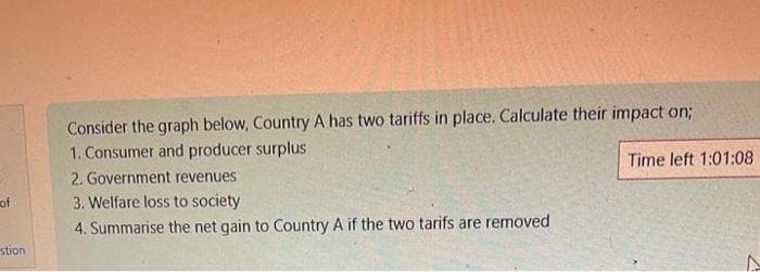 of
stion
Consider the graph below, Country A has two tariffs in place. Calculate their impact on;
1. Consumer and producer surplus
Time left 1:01:08
2. Government revenues
3. Welfare loss to society
4. Summarise the net gain to Country A if the two tarifs are removed