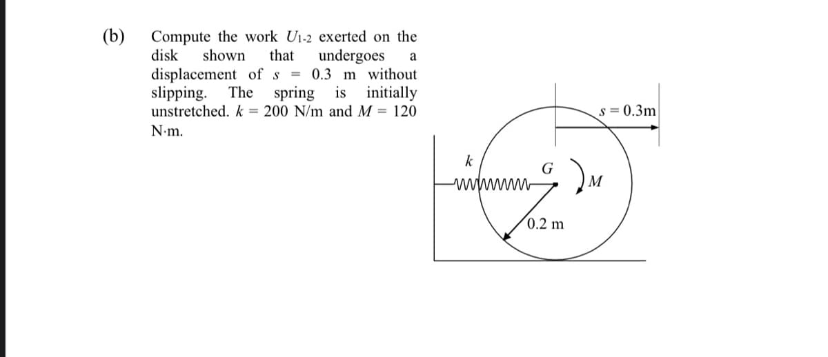 (b) Compute the work Ui-2 exerted on the
that
disk
shown
undergoes
displacement of s = 0.3 m without
The spring is initially
slipping.
unstretched. k = 200 N/m and M = 120
s = 0.3m
N-m.
k
G
wwwm-
(0.2 m
