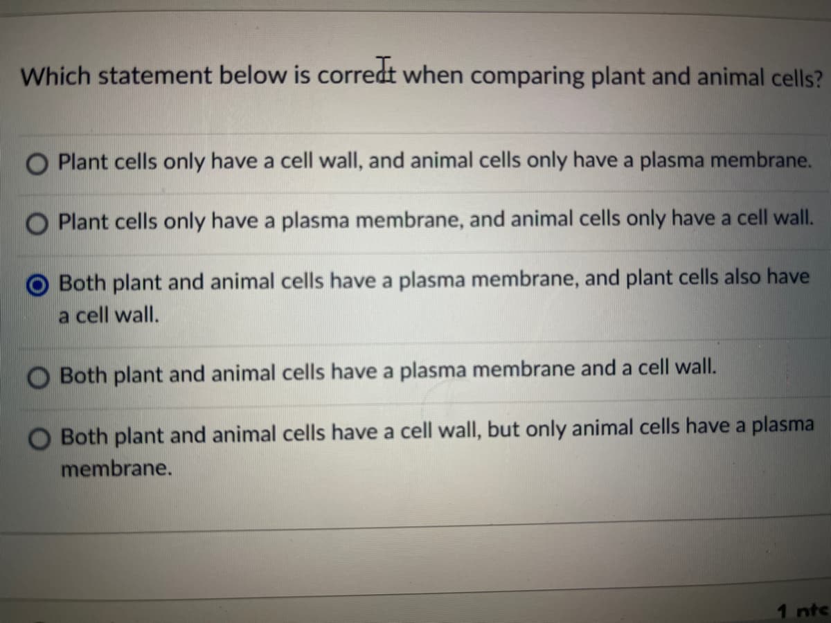 Which statement below is corredt when comparing plant and animal cells?
O Plant cells only have a cell wall, and animal cells only have a plasma membrane.
Plant cells only have a plasma membrane, and animal cells only have a cell wall.
Both plant and animal cells have a plasma membrane, and plant cells also have
a cell wall.
O Both plant and animal cells have a plasma membrane and a cell wall.
O Both plant and animal cells have a cell wall, but only animal cells have a plasma
membrane.
1 ntc
