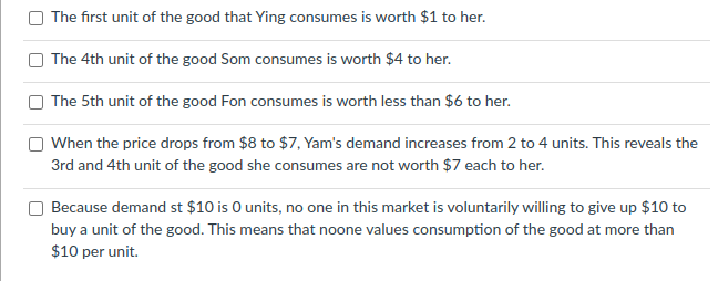 **Economic Demand Analysis**

This section provides insight into consumer behavior by examining the value placed on different units of goods by various individuals. Understanding these concepts is crucial for grasping how market demand curves are constructed and how they influence pricing strategies.

1. **Ying's Valuation**:
   - The first unit of the good that Ying consumes is worth $1 to her.
   
2. **Som's Valuation**:
   - The fourth unit of the good that Som consumes is worth $4 to her.
   
3. **Fon’s Valuation**:
   - The fifth unit of the good that Fon consumes is worth less than $6 to her.
   
4. **Yam's Price Sensitivity**:
   - When the price drops from $8 to $7, Yam’s demand increases from 2 to 4 units. This indicates that the 3rd and 4th units of the good Yam consumes are not worth $7 each to her.
   
5. **Market Demand Limitations**:
   - At a price point of $10 per unit, the demand is zero. This signifies that no one is willing to pay $10 for a unit of the good, implying that the value of the good is perceived to be less than $10 per unit across the market.

This analysis aids in understanding individual and market demand, demonstrating how price variations impact consumption quantities and the maximum price consumers are willing to pay.