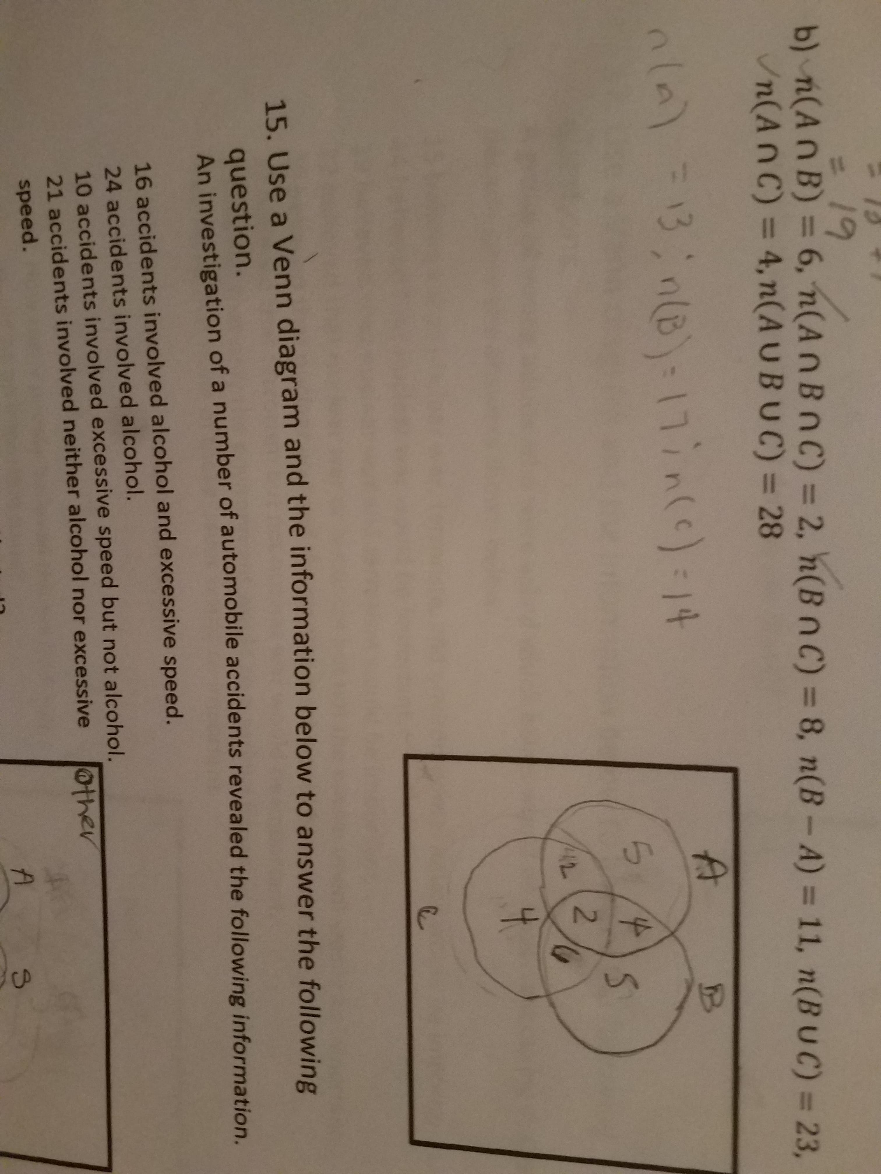 CA
15
= 19
b) i(An B) 6, n(An Bnc) = 2, n(BnC) = 8, n(B - A)
Vn(Anc) 4, n(A U B U C) = 28
11, n(BUC) = 23,
13
B11n) 14
A
2
2
4
15. Use a Venn diagram and the information below to answer the following
question.
An investigation of a number of automobile accidents revealed the following information.
16 accidents involved alcohol and excessive speed.
24 accidents involved alcohol.
10 accidents involved excessive speed but not alcohol.
21 accidents involved neither alcohol nor excessive
other
A
A
speed.

