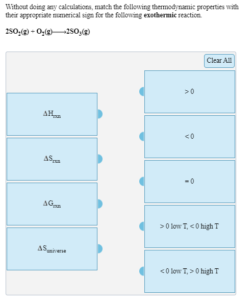 Without doing any calculations, match the following thermodynamic properties with
their appropriate numerical sign for the following exothermic reaction.
250,(g) + 0,(g)250;(g)
Clear All
>0
AH
Txn
<0
AS
= 0
AGran
>0 low T, <0 high T
ASumirarse
<0 low T, > 0 high T
