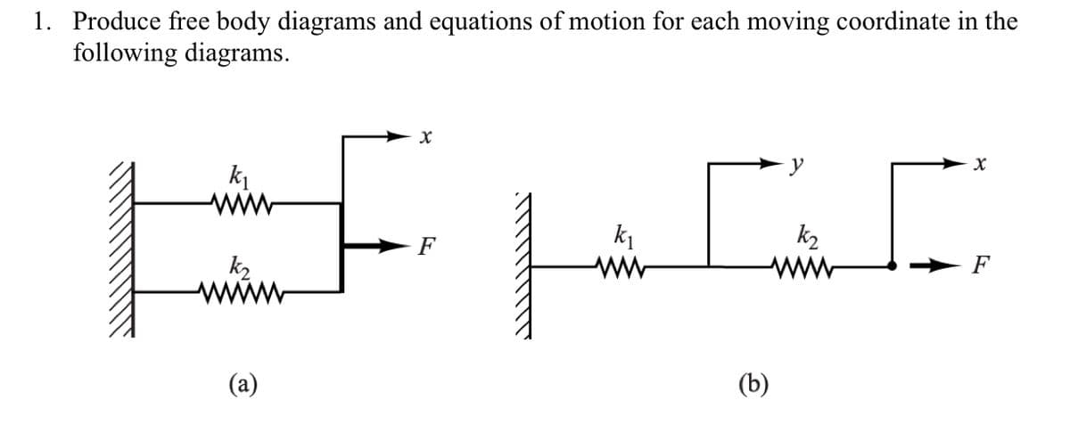 1. Produce free body diagrams and equations of motion for each moving coordinate in the
following diagrams.
X
k₁
DE PAR
k₁
k₂
k₂
ww
(b)
(a)
X
F