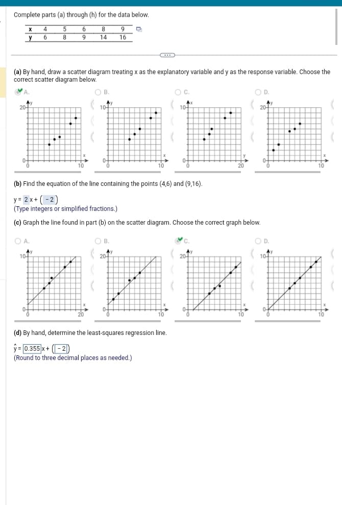 Complete parts (a) through (h) for the data below.
4
5
9
6
8
16
X
у
6
9
(a) By hand, draw a scatter diagram treating x as the explanatory variable and y as the response variable. Choose the
correct scatter diagram below.
O B.
+++
O .
104
8
14
(
10-
G
O B.
О с.
20-
(
(b) Find the equation of the line containing the points (4,6) and (9,16).
y= 2 x+ (-2)
(Type integers or simplified fractions.)
(c) Graph the line found in part (b) on the scatter diagram. Choose the correct graph below.
10+
C.
20+
НИКИ
(
(d) By hand, determine the least-squares regression line.
y=0.355 x + (-2)
(Round to three decimal places as needed.)
O D.
20-
O D.
1014