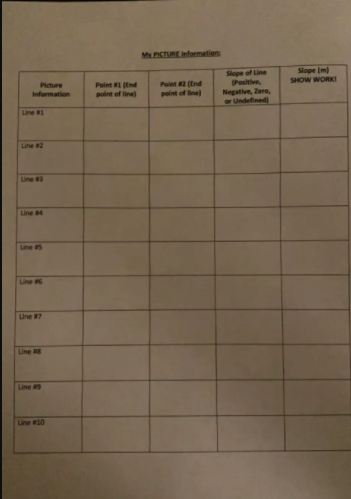 M PICTURE nformation
Slope (m)
SHOW WORK!
Slope of Line
(Positive,
Negative, Zera,
or Undefined
Picture
Information
Point 1 (End
point of line)
Polet 2 (End
point of ne)
Une #1
Line #2
Line
Line 4
Line 5
Line 6
Line #7
Line 8
Line
Line 10
