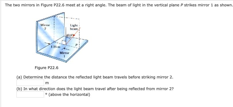 The two mirrors in Figure P22.6 meet at a right angle. The beam of light in the vertical plane P strikes mirror 1 as shown.
Mirror
Light
bcam
40.0
Mirror
Figure P22.6
(a) Determine the distance the reflected light beam travels before striking mirror 2.
m
(b) In what direction does the light beam travel after being reflected from mirror 2?
° (above the horizontal)
