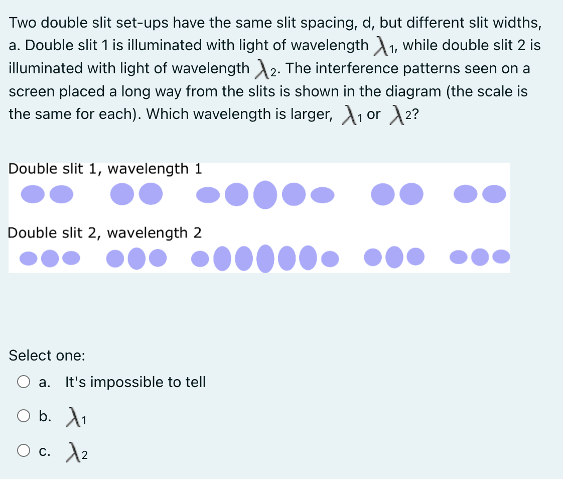 Two double slit set-ups have the same slit spacing, d, but different slit widths,
a. Double slit 1 is illuminated with light of wavelength 1, while double slit 2 is
illuminated with light of wavelength 2. The interference patterns seen on a
screen placed a long way from the slits is shown in the diagram (the scale is
the same for each). Which wavelength is larger, 1 or 2?
Double slit 1, wavelength 1
Double slit 2, wavelength 2
Select one:
а.
It's impossible to tell
b. A1
О с. 12
