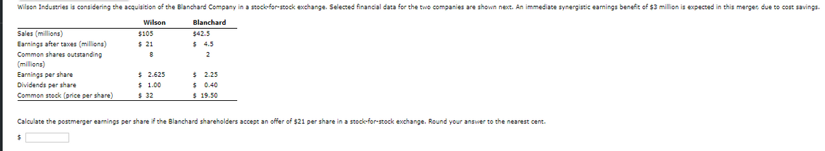 Wilson Industries is considering the acquisition of the Blanchard Company in a stock-for-stock exchange. Selected financial data for the two companies are shown next. An immediate synergistic earnings benefit of $3 million is expected in this merger, due to cost savings.
Wilson
Sales (millions)
Earnings after taxes (millions)
Common shares outstanding
(millions)
Earnings per share
Dividends per share
Common stock (price per share)
$105
$ 21
8
$
2.625
1.00
$
$
$ 32
Blanchard
$42.5
$ 4.5
2
$ 2.25
$ 0.40
$19.50
Calculate the postmerger earnings per share if the Blanchard shareholders accept an offer of $21 per share in a stock-for-stock exchange. Round your answer to the nearest cent.