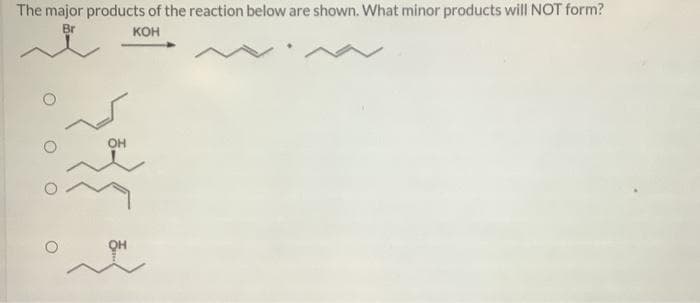 The major products of the reaction below are shown. What minor products will NOT form?
КОН
দह ই
O
OH