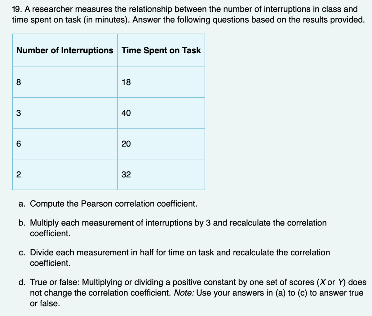 19. A researcher measures the relationship between the number of interruptions in class and
time spent on task (in minutes). Answer the following questions based on the results provided.
Number of Interruptions Time Spent on Task
8
18
40
20
2
32
a. Compute the Pearson correlation coefficient.
b. Multiply each measurement of interruptions by 3 and recalculate the correlation
coefficient.
c. Divide each measurement in half for time on task and recalculate the correlation
coefficient.
d. True or false: Multiplying or dividing a positive constant by one set of scores (X or Y) does
not change the correlation coefficient. Note: Use your answers in (a) to (c) to answer true
or false.
