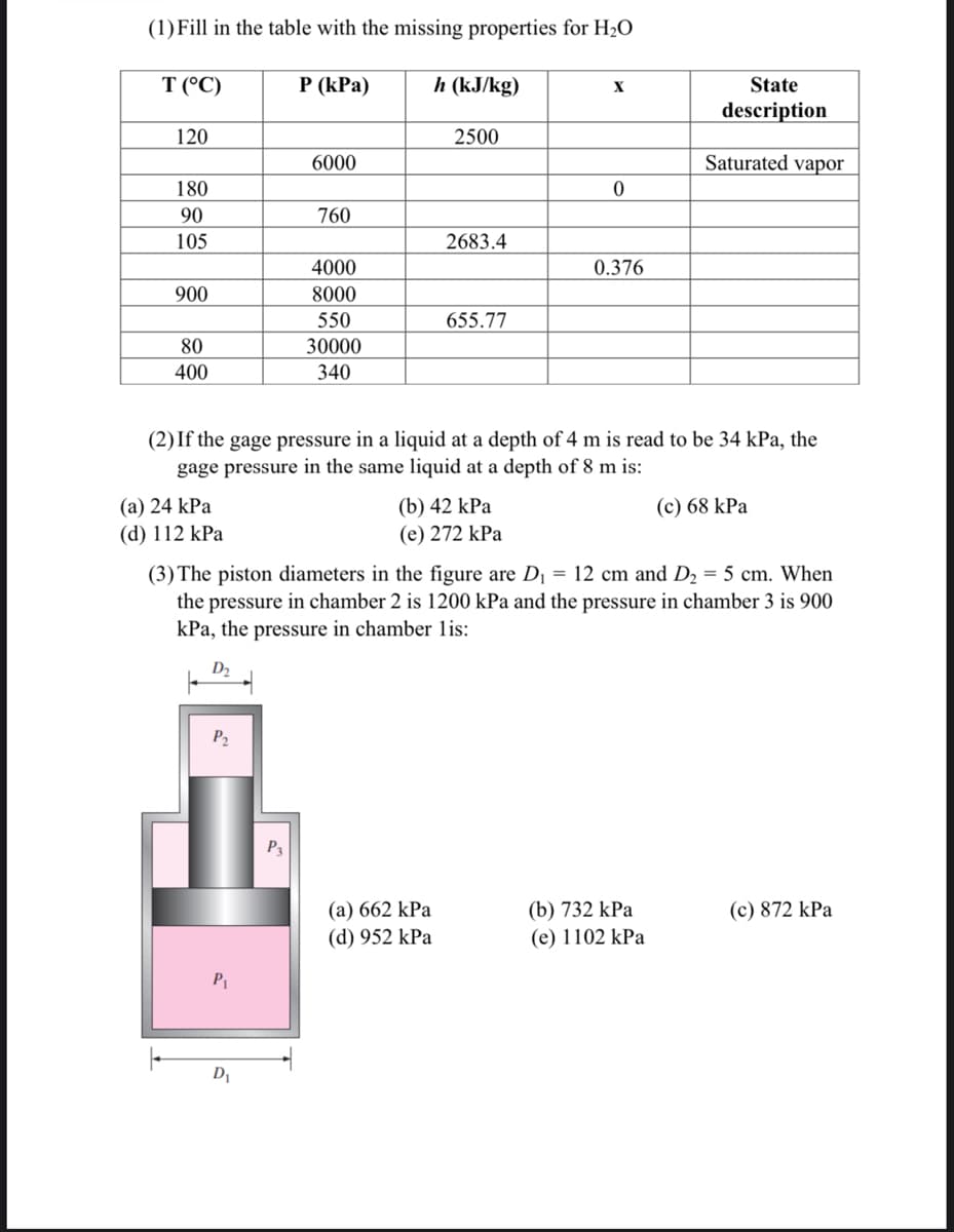 (1) Fill in the table with the missing properties for H2O
T (°C)
P (kPa)
h (kJ/kg)
State
X
description
120
2500
6000
Saturated vapor
180
90
760
105
2683.4
4000
0.376
900
8000
550
655.77
80
30000
400
340
(2) If the gage pressure in a liquid at a depth of 4 m is read to be 34 kPa, the
gage pressure in the same liquid at a depth of 8 m is:
(b) 42 kPa
(e) 272 kPa
(а) 24 kPa
(с) 68 kPa
(d) 112 kPa
(3) The piston diameters in the figure are D, = 12 cm and D2 = 5 cm. When
the pressure in chamber 2 is 1200 kPa and the pressure in chamber 3 is 900
kPa, the pressure in chamber lis:
D2
P2
P3
(а) 662 kPa
(d) 952 kPa
(b) 732 kPa
(e) 1102 kPa
(c) 872 kPa
P1
