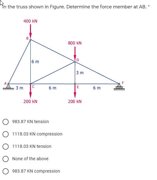 in the truss shown in Figure. Determine the force member at AB. *
400 kN
800 kN
D
6 m
3 m
3 m
6 m
E
6 m
200 kN
200 kN
983.87 KN tension
O 1118.03 KN compression
1118.03 KN tension
None of the above
O 983.87 KN compression
