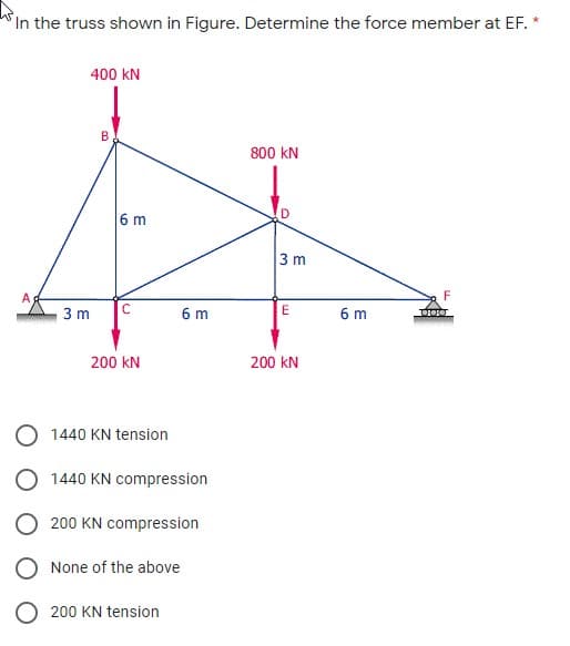 In the truss shown in Figure. Determine the force member at EF.
400 kN
800 kN
6 m
3 m
3 m
6 m
E
6 m
200 kN
200 kN
1440 KN tension
O 1440 KN compression
200 KN compression
None of the above
O 200 KN tension
