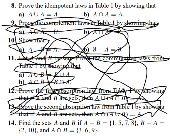 8. Prove the idempotent laws in Table 1 by showing that
а) AUA- А.
b) ANA = A.
9. Prove the comptement faws n Table 1 by showing that
bAT
10. Shew that
) — А —H
11. L and B by set. froTe the commuttve laws from
Table I by showing that
a) AUB
b) AOBVBOA.
12. Prove the fin aosorptren lay from Takte Pby showing
thetifA and B are sets, hen AUAN BY
BUA
SProve the second absorptiontaw from Table 1 by showing
that if A and B-are-sets, then ATTAUR) =A
14. Find the sets A and B if A – B = {1,5, 7, 8}, B – A =
{2, 10}, and A n B = {3, 6, 9}.
