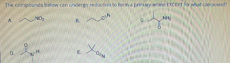 The compounds below can undergo reduction to form a primary amine EXCEPT for what compound?
A. NO₂
B.
CEN
C.
NH₂
D.
H
"N
E.
Xo
-CEN