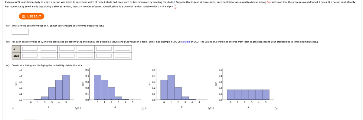 Example 6.27 described a study in which a person was asked to determine which of three t-shirts had been worn by her roommate by smelling the shirts.+ Suppose that instead of three shirts, each participant was asked to choose among five shirts and that the process was performed 5 times. If a person can't identify
1
her roommate by smell and is just picking a shirt at random, then x = number of correct identifications is a binomial random variable with n = 5 and p
5
(a) What are the possible values of x? (Enter your answers as a comma-separated list.)
(b) For each possible value of x, find the associated probability p(x) and display the possible x values and p(x) values in a table. (Hint: See Example 6.27. Use a table or SALT. The values of x should be entered from least to greatest. Round your probabilities to three decimal places.)
X
p(x)
(c) Construct a histogram displaying the probability distribution of x.
(x)d
0.5
0.4
0.3
USE SALT
0.2
0.1
0.0
0 1
2
X
3 4 5
(x)d
0.5
0.4
0.3
0.2
0.1
0.0
0 1 2 3 4 5
X
(x)d
0.5
0.4
0.3
0.2
0.1
0.0
0 1 2 3 4 5
X
(x)d
0.5
0.4
0.3
0.2
0.1
0.0
0 1
2
X
3
4 5