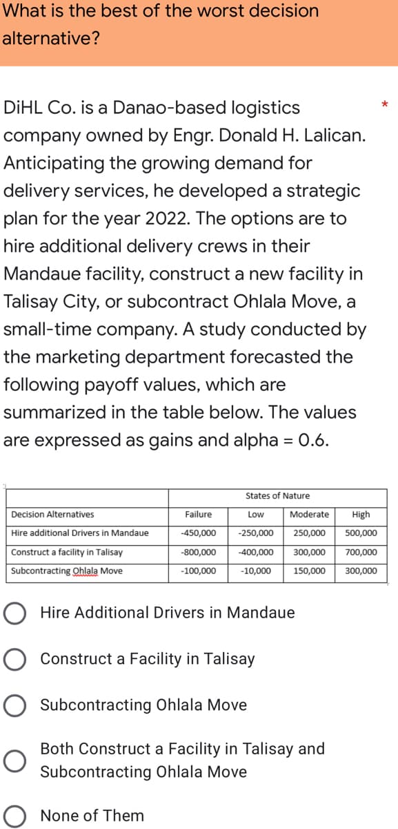 What is the best of the worst decision
alternative?
DİHL Co. is a Danao-based logistics
company owned by Engr. Donald H. Lalican.
Anticipating the growing demand for
delivery services, he developed a strategic
plan for the year 2022. The options are to
hire additional delivery crews in their
Mandaue facility, construct a new facility in
Talisay City, or subcontract Ohlala Move, a
small-time company. A study conducted by
the marketing department forecasted the
following payoff values, which are
summarized in the table below. The values
are expressed as gains and alpha = 0.6.
States of Nature
Decision Alternatives
Failure
Low
Moderate
High
Hire additional Drivers in Mandaue
-450,000
-250,000
250,000
500,000
Construct a facility in Talisay
-800,000
-400,000
300,000
700,000
Subcontracting Ohlala Move
-100,000
-10,000
150,000
300,000
Hire Additional Drivers in Mandaue
Construct a Facility in Talisay
O Subcontracting Ohlala Move
Both Construct a Facility in Talisay and
Subcontracting Ohlala Move
None of Them
