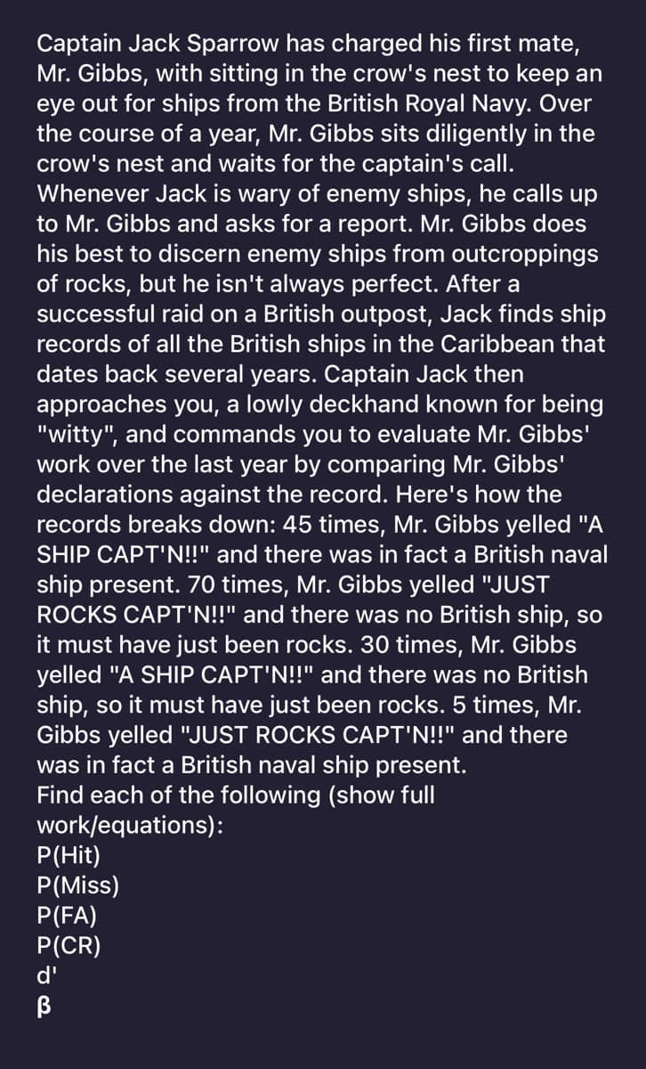 Captain Jack Sparrow has charged his first mate,
Mr. Gibbs, with sitting in the crow's nest to keep an
eye out for ships from the British Royal Navy. Over
the course of a year, Mr. Gibbs sits diligently in the
crow's nest and waits for the captain's call.
Whenever Jack is wary of enemy ships, he calls up
to Mr. Gibbs and asks for a report. Mr. Gibbs does
his best to discern enemy ships from outcroppings
of rocks, but he isn't always perfect. After a
successful raid on a British outpost, Jack finds ship
records of all the British ships in the Caribbean that
dates back several years. Captain Jack then
approaches you, a lowly deckhand known for being
"witty", and commands you to evaluate Mr. Gibbs'
work over the last year by comparing Mr. Gibbs'
declarations against the record. Here's how the
records breaks down: 45 times, Mr. Gibbs yelled "A
SHIP CAPT'N!!" and there was in fact a British naval
ship present. 70 times, Mr. Gibbs yelled "JUST
ROCKS CAPT'N!!" and there was no British ship, so
it must have just been rocks. 30 times, Mr. Gibbs
yelled "A SHIP CAPT'N!!" and there was no British
ship, so it must have just been rocks. 5 times, Mr.
Gibbs yelled "JUST ROCKS CAPT'N!!" and there
was in fact a British naval ship present.
Find each of the following (show full
work/equations):
P(Hit)
P(Miss)
P(FA)
P(CR)
d'
ß