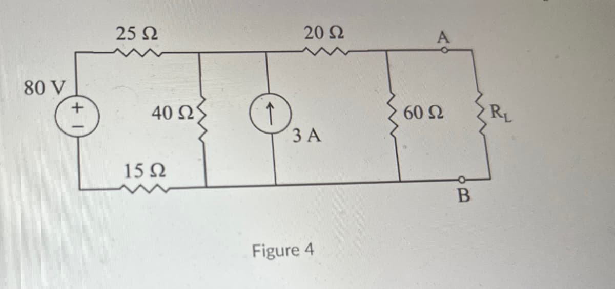 ### Understanding Electrical Circuits: A Step-by-Step Guide

#### Figure 4: Electrical Circuit Diagram

**Description:**

This diagram depicts a complex electrical circuit with multiple components connected in series and parallel configurations. The components include resistors, a voltage source, and a current source arranged as follows:

**Components:**
- A voltage source of 80V.
- Four resistors with the following resistance values:
  - 25Ω
  - 15Ω
  - 40Ω
  - 20Ω
  - 60Ω
- A 3A current source.
- Load resistor \( R_L \).
- Two nodes labeled as A and B.

**Connections:**
1. The circuit starts with an 80V voltage source on the left.
2. The positive terminal of the voltage source is connected to two resistors in series: 25Ω and 15Ω.
3. This series combination then splits into two branches:
   - One branch contains a 40Ω resistor.
   - The other branch contains a 3A current source.
4. These two branches are then connected in parallel, and then they connect to another 20Ω resistor in series.
5. Following the 20Ω resistor, the circuit splits again into:
   - A 60Ω resistor.
   - A load resistor \( R_L \).
6. These branches combine at point B, forming a closed loop back to the voltage source.

**Annotations:**
- The current source indicates a direction of current flow shown by an arrow.
- The points A and B represent nodes to which an external component, such as \( R_L \), may be connected or measured.

Understanding this diagram aids in learning:
- Series and parallel resistor configurations.
- The role and effect of voltage and current sources in a circuit.
- Analyzing complex circuit structures by breaking them down into simpler components.

#### Additional Notes:
- Ensure familiarity with Ohm’s Law and Kirchhoff's circuit laws to solve for currents and voltages within the circuit.
- Practice analyzing various points within the circuit to understand potential drops and current distribution.