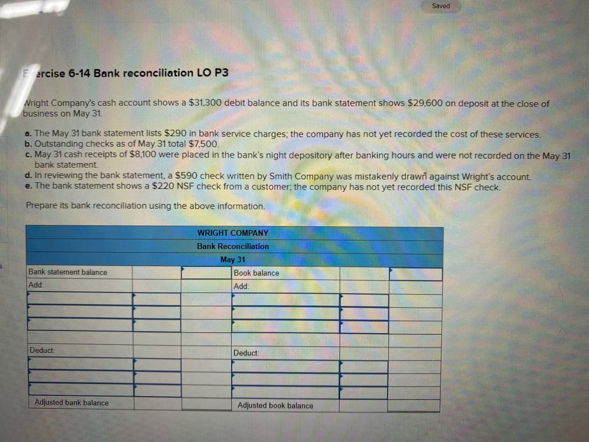 Saved
Eercise 6-14 Bank reconciliation LO P3
Nright Company's cash account shows a $31,300 debit balance and its bank statement shows $29,600 on deposit at the close of
business on May 31.
a. The May 31 bank statement lists $290 in bank service charges; the company has not yet recorded the cost of these services.
b. Outstanding checks as of May 31 total $7,500.
c. May 31 cash receipts of $8,100 were placed in the bank's night depository after banking hours and were not recorded on the May 31
bank statement.
d. In reviewing the bank statement, a $590 check written by Smith Company was mistakenly drawn against Wright's account.
e. The bank statement shows a $220 NSF check from a customer; the company has not yet recorded this NSF check.
Prepare its bank reconciliation using the above information.
WRIGHT COMPANY
Bank Reconciliation
May 31
Bank statement balance
Book balance
Add:
Add:
Deduct:
Deduct:
Adjusted bank balance
Adjusted book balance
