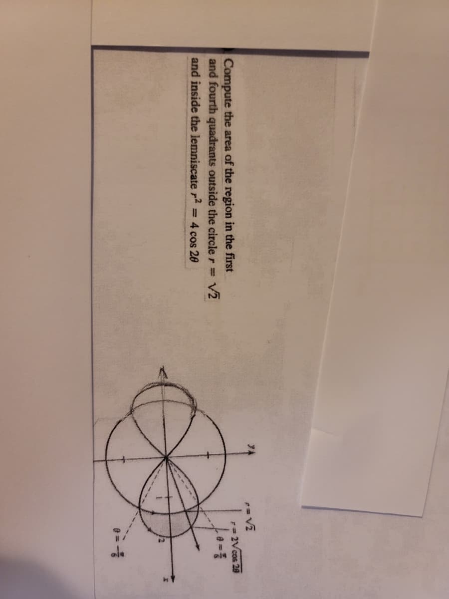 Compute the area of the region
and fourth quadrants outside the circle r3D
and inside the lemniscate r2
the first
r= 2Vcos 28
V2
= 4 cos 20
