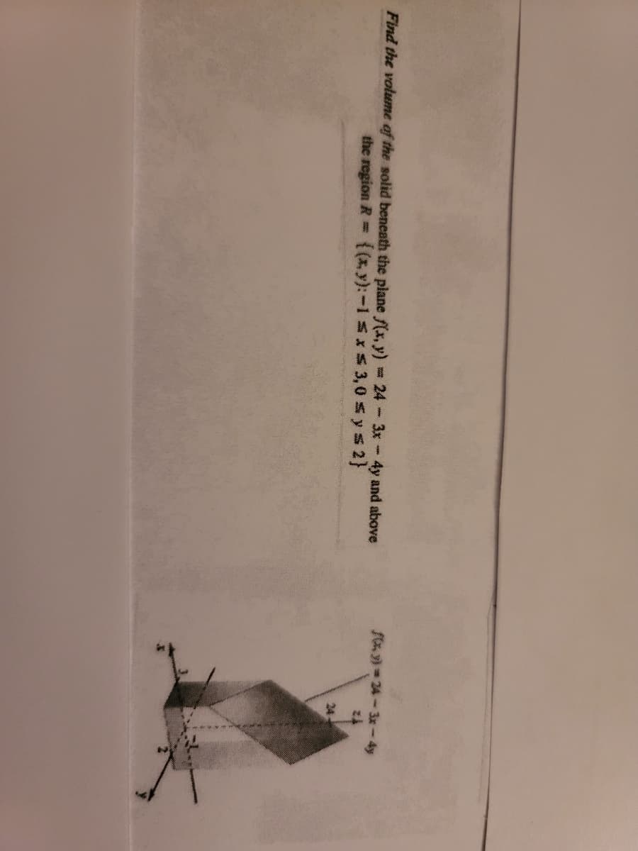 Find the volume of the solid beneath the plane x, y) 24- 3x - 4y and above
f 24-3x-4y
the region R
{(*.y):-1 sxs 3,0 s ys 2}
24
