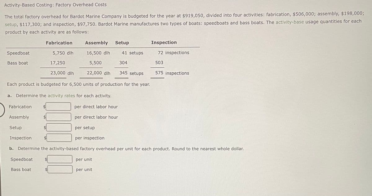 Activity-Based Costing: Factory Overhead Costs
The total factory overhead for Bardot Marine Company is budgeted for the year at $919,050, divided into four activities: fabrication, $506,000; assembly, $198,000;
setup, $117,300; and inspection, $97,750. Bardot Marine manufactures two types of boats: speedboats and bass boats. The activity-base usage quantities for each
product by each activity are as follows:
Speedboat
Bass boat
Fabrication
Assembly
Setup
Inspection
Fabrication
Speedboat
5,750 dlh
Each product is budgeted for 6,500 units of production for the year.
a. Determine the activity rates for each activity.
per direct labor hour
per direct labor hour
Bass boat
17,250
23,000 dlh
Assembly
16,500 dlh
5,500
22,000 dlh
per setup
per inspection
Setup
41 setups
per unit
304
per unit
345 setups
b. Determine the activity-based factory overhead per unit for each product. Round to the nearest whole dollar.
Inspection
72 inspections
503
575 inspections