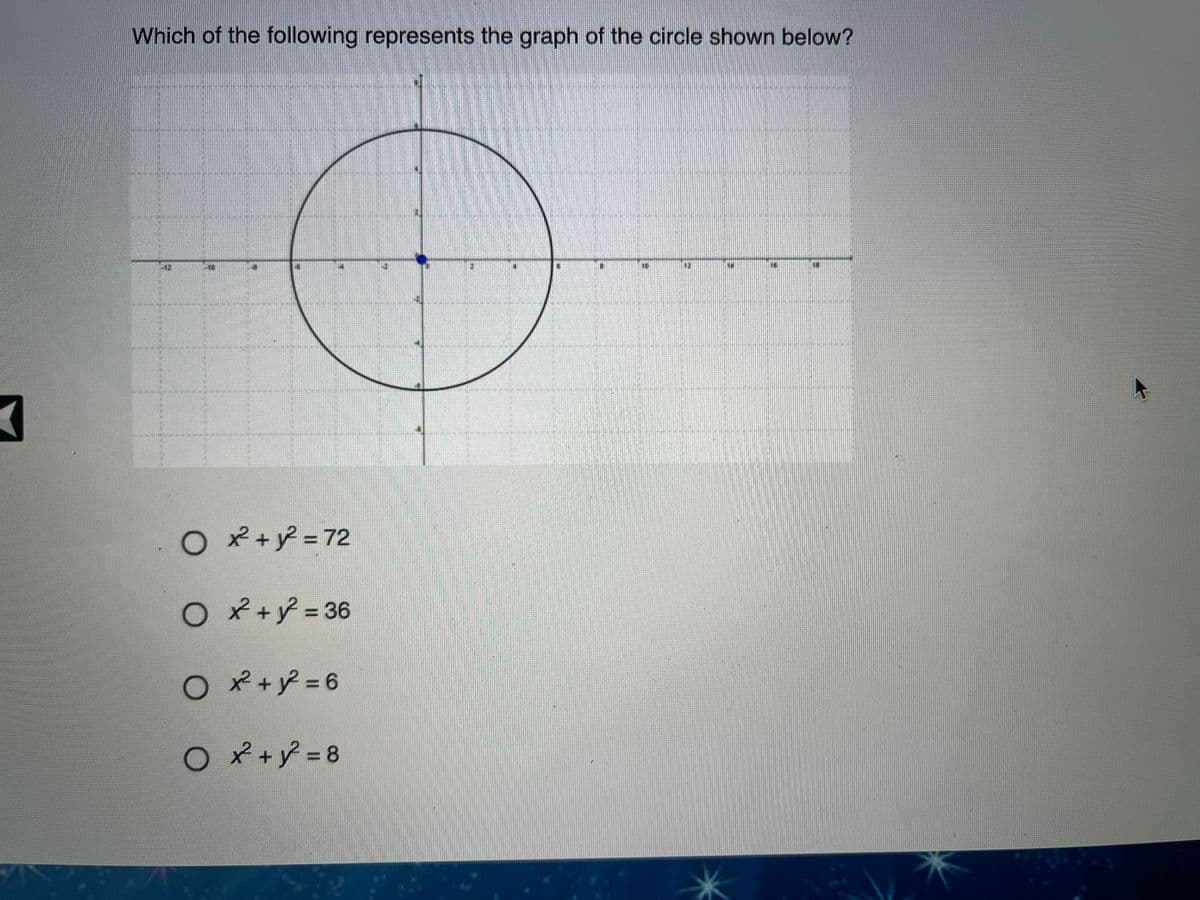 Which of the following represents the graph of the circle shown below?
x² + y = 72
x+y 3 36
Ox+y%3D6
O * +ỷ = 8
%3D
