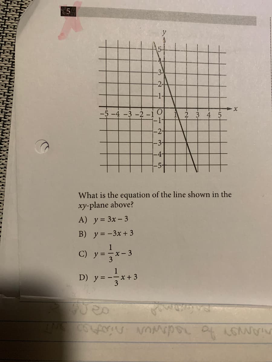 Ast
-3
-2-
-1-
-5-4 -3 -2-1
-1-
23 45
-2-
-4-
-5-
What is the equation of the line shown in the
xy-plane above?
A) y = 3x – 3
B) y = -3x + 3
1
C) y =-x-3
3
1
D) y = --x + 3
3
3.
