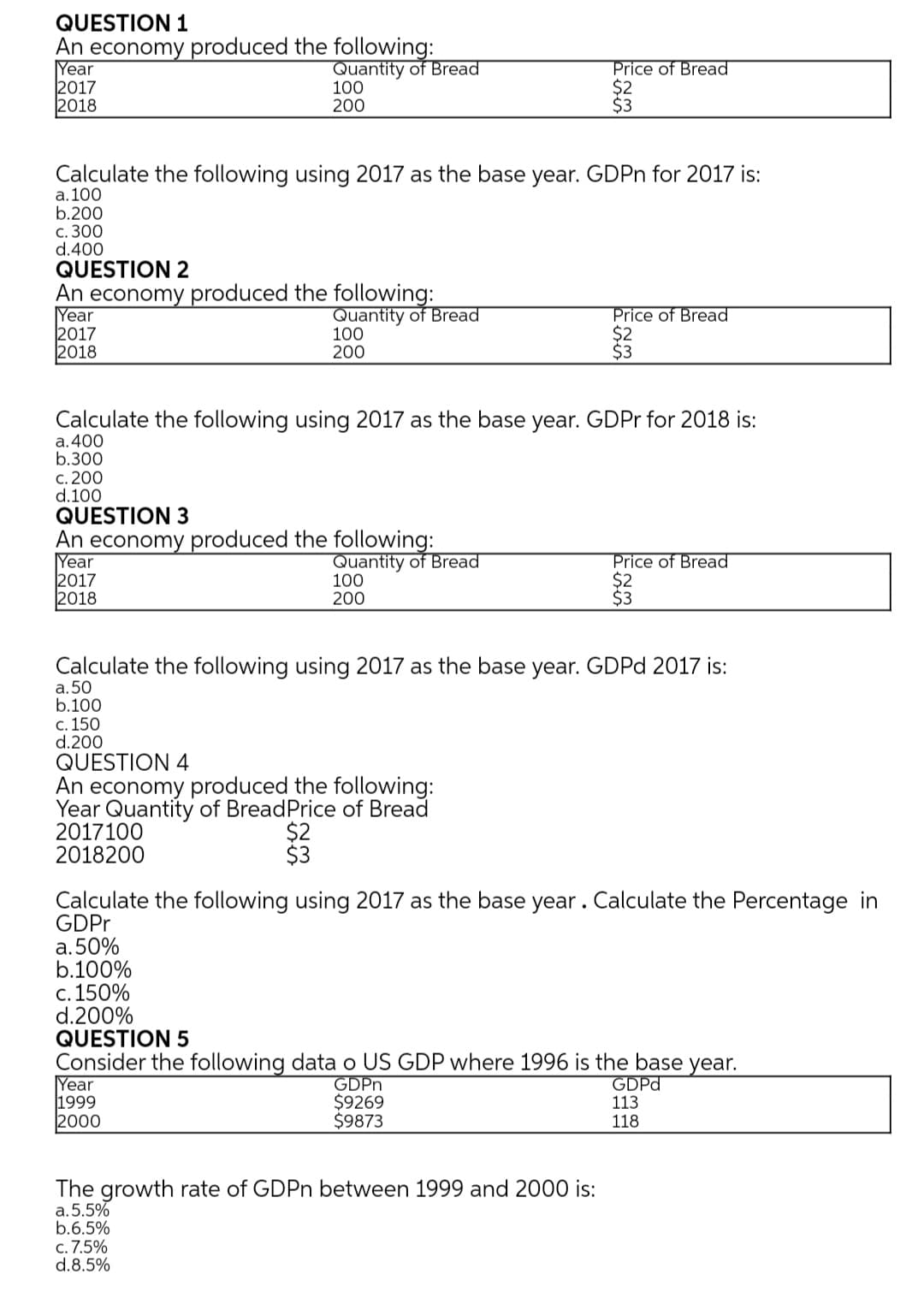 QUESTION 1
An economy produced the following:
Year
2017
2018
Quantity of Bread
100
200
Price of Bread
$2
$3
Calculate the following using 2017 as the base year. GDPn for 2017 is:
a. 100
b.200
c. 300
d.400
QUESTION 2
An economy produced the following:
Year
2017
2018
Quantity of Bread
100
200
Price of Bread
$2
$3
Calculate the following using 2017 as the base year. GDP for 2018 is:
а.400
b.300
c. 200
d.100
QUESTION 3
An economy produced the following:
Year
2017
2018
Quantity of Bread
100
200
Price of Bread
$2
$3
Calculate the following using 2017 as the base year. GDPD 2017 is:
а. 50
b.100
c. 150
d.200
QUESTION 4
An economy produced the following:
Year Quantity of BreadPrice of Bread
2017100
2018200
$2
$3
Calculate the following using 2017 as the base year. Calculate the Percentage in
GDP.
a.50%
b.100%
С. 150%
d.200%
QUESTION 5
Consider the following data o US GDP where 1996 is the base year.
Year
1999
2000
GDPN
$9269
$9873
GDPD
113
118
The growth rate of GDPN between 1999 and 2000 is:
a.5.5%
b.6.5%
c. 7.5%
d.8.5%
