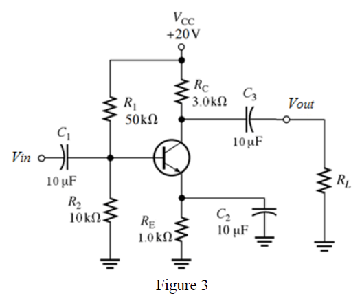 Vcc
+20V
Rc
C3
* 3.0kN
R1
Vout
50kN
C
10µF
Vin o
10 µF
RL
R2
10kN.
RE
1.0 kN.
C2
10 µF
Figure 3
