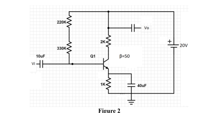 220K
HE
Vo
2K
+
20V
330K
10uF
Q1
B=50
Vi
HE:
1K
40UF
Figure 2
