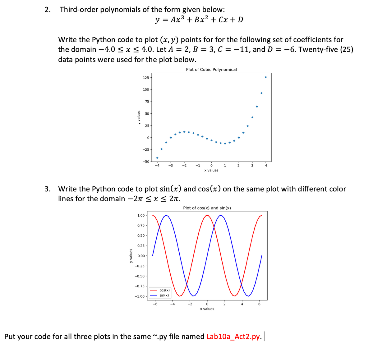 Third-order polynomials of the form given below:
y = Ax³ + Bx² + Cx + D
2.
I|
Write the Python code to plot (x, y) points for for the following set of coefficients for
2, B = 3, C = -11, and D = –6. Twenty-five (25)
the domain –4.0 < x < 4.0. Let A
data points were used for the plot below.
Plot of Cubic Polynomical
125
100
75
50
25
0-
-25
-50
-4
-2
1
2
3
4
x values
Write the Python code to plot sin(x) and cos(x) on the same plot with different color
lines for the domain -2n < x< 2n.
3.
Plot of cos(x) and sin(x)
1.00
0.75 -
0.50
0.25
0.00 -
-0.25
-0.50
-0.75
cos(x)
-1.00
sin(x)
6
x values
Put your code for all three plots in the same ".py file named Lab10a_Act2.py.
sənjen A
y values
