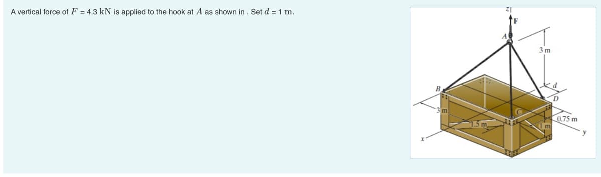 A vertical force of F = 4.3 kN is applied to the hook at A as shown in. Set d = 1 m.
3 m
3 m
0.75 m
y