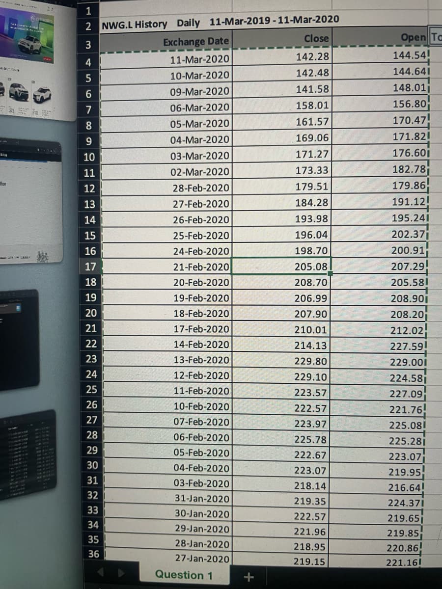 NG
1
2 NWG.L History Daily 11-Mar-2019-11-Mar-2020
3
Exchange Date
4
5
6
7
8
9
10
11
12
13
14
15
16
17
18
19
20
21
22
23
24
25
26
27
28
29
30
31
32
33
34
35
36
11-Mar-2020
10-Mar-2020
09-Mar-2020
06-Mar-2020
05-Mar-2020
04-Mar-2020
03-Mar-2020
02-Mar-2020
28-Feb-2020
27-Feb-2020
26-Feb-2020
25-Feb-2020
24-Feb-2020
21-Feb-2020
20-Feb-2020
19-Feb-2020
18-Feb-2020
17-Feb-2020
14-Feb-2020
13-Feb-2020
12-Feb-2020
11-Feb-2020
10-Feb-2020
07-Feb-2020
06-Feb-2020
05-Feb-2020
04-Feb-2020
03-Feb-2020
31-Jan-2020
30-Jan-2020
29-Jan-2020
28-Jan-2020
27-Jan-2020
Question 1
+
Close
142.28
142.48
141.58
158.01
161.57
169.06
171.27
173.33
179.51
184.28
193.98
196.04
198.70
205.08
208.70
206.99
207.90
210.01
214.13
229.80
229.10
223.57
222.57
223.97
225.78
222.67
223.07
218.14
219.35
222.57
221.96
218.95
219.15
Open Ta
144.54!
144.641
148.011
156.80
170.47!
171.821
176.601
182.78
179.86
191.12!
195.241
202.37
200.91
207.29!
205.581
208.901
208.20
212.02!
227.59!
229.001
224.58
227.09
221.76!
225.081
225.281
223.07
219.95
216.64!
224.371
219.65
219.85
220.86!
221.161