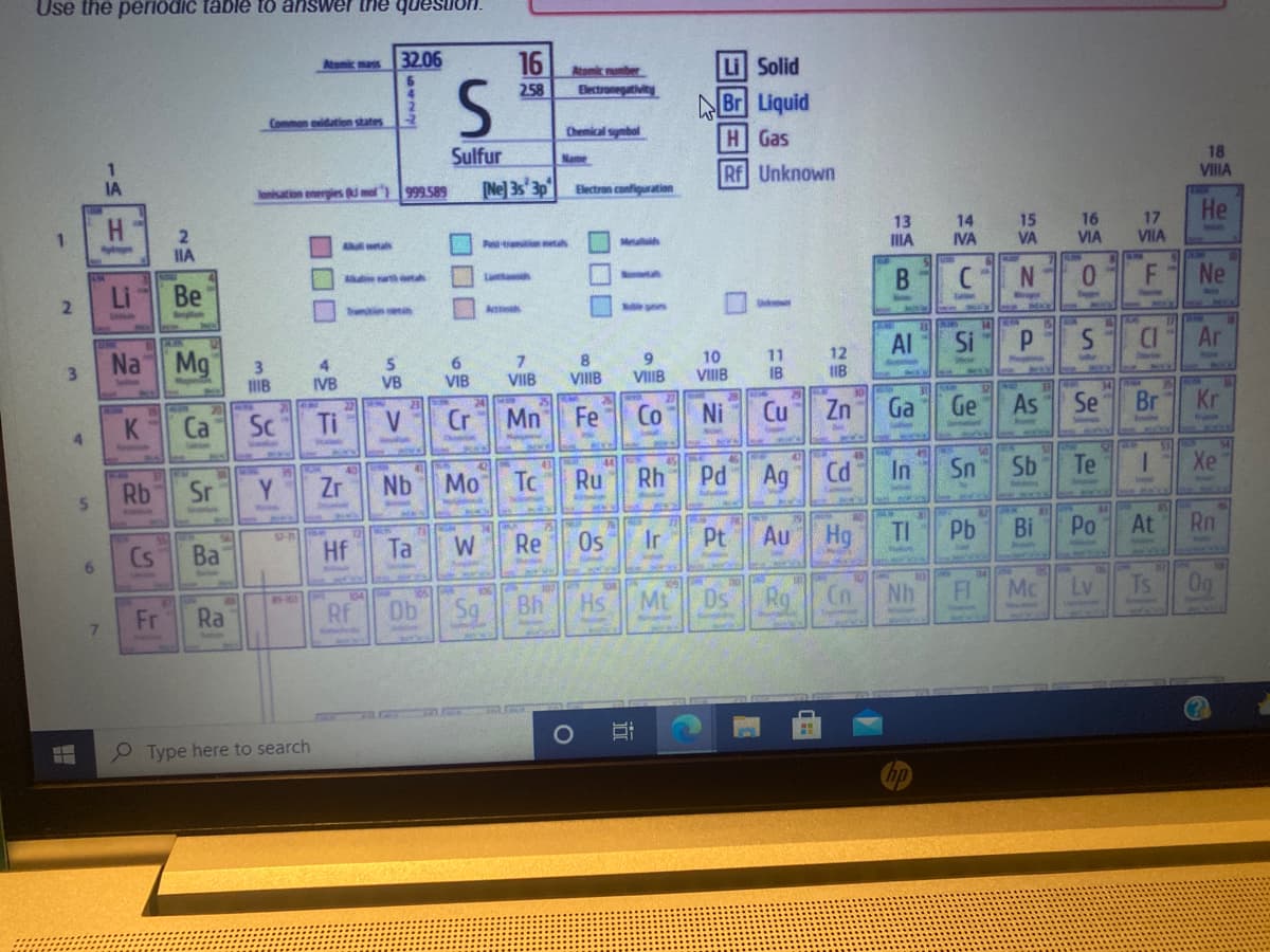 Use the perlödic table to answer the quesuon.
32.06
16
Atomic mas
Atomic uber
Electronegativity
Li Solid
258
ABr Liquid
HGas
Commen aidation states
Chemical synbal
Sulfur
Name
Rf Unknown
18
VIIIA
IA
lonsation energies ( mel) 999.589
Ne] 3s 3p
Electron confiquration
H.
He
13
IIIA
14
IVA
15
VA
16
VIA
17
VIIA
IIA
Allwa
Ptation met
Me
Al arth ah
Laa
Noometa
Be
0.
F
Ne
Tramtin e
At
Na Mg
3.
IB
4.
IVB
6.
VIB
10
VIIB
11
IB
12
IB
Al
Si
CI
Ar
3
VB
VIIB
VIIIB
VIIIB
34
K
Ca
Sc
Ti
Cr
Mn
Fe
Ni
Cu
Zn
Ga
Ge
As
Se
Br
Kr
4.
49
Sn
In
54
Xe
40
Rb
Sr
Y
Zr
Nb
Mo
To
Ru
Rh
Pd
Ag
Cd
Sb
Te
Cs
Ba
Hf
Ta
Re
Os
Ir
Pt
Au
Hg
TI
Pb
Bi
Po
At
Rn
14
Db Sg
Bh
Hs
Mt
Ds Rg
Cn
Nh
FI
Mc
Lv
Ts
Og
Fr
Ra
RF
7.
P Type here to search
5n
6.
2.
