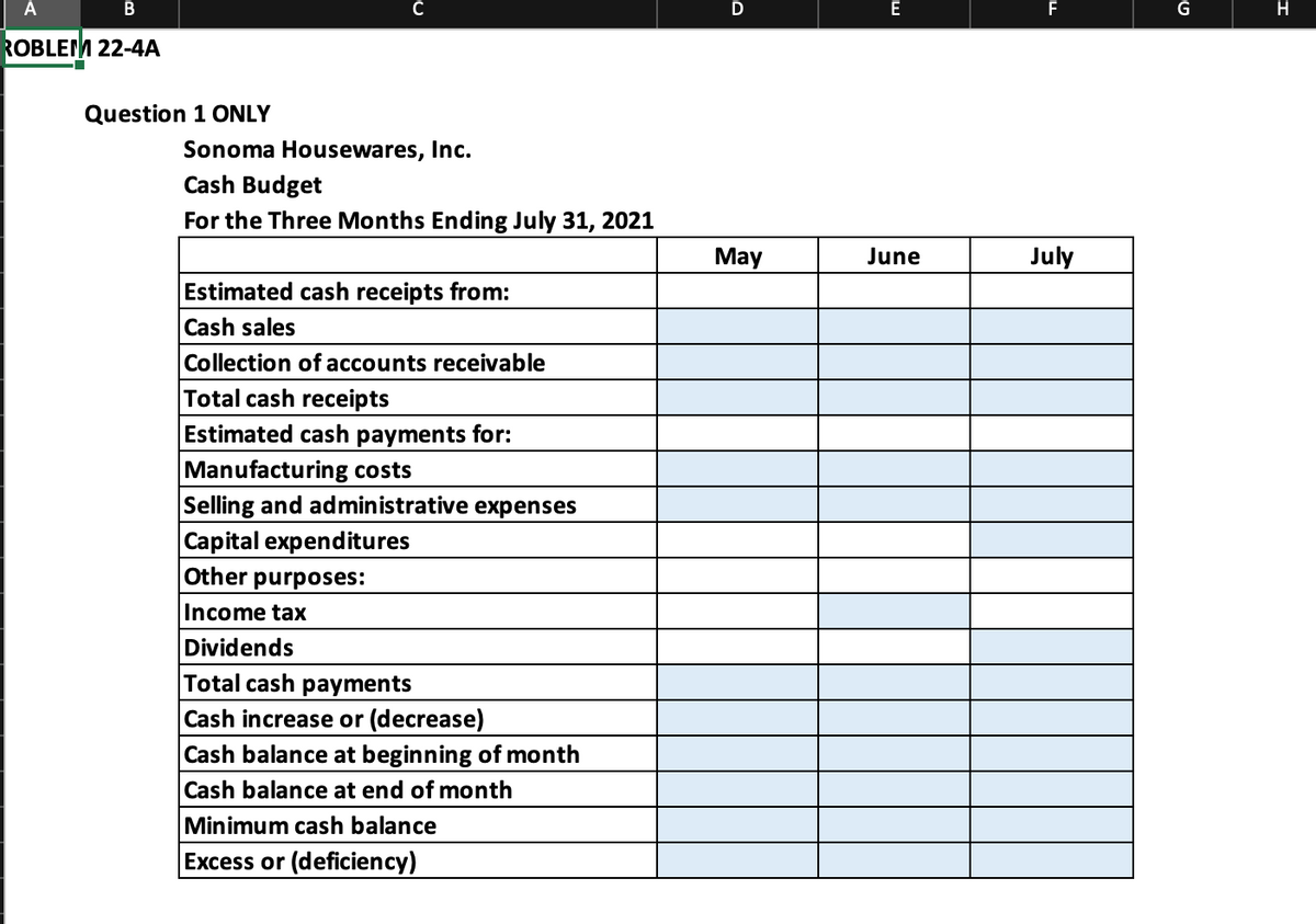 B
ROBLEM 22-4A
Question 1 ONLY
Sonoma Housewares, Inc.
Cash Budget
For the Three Months Ending July 31, 2021
Estimated cash receipts from:
Cash sales
Collection of accounts receivable
Total cash receipts
Estimated cash payments for
Manufacturing costs
Selling and administrative expenses
Capital expenditures
Other purposes:
Income tax
Dividends
Total cash payments
Cash increase or (decrease)
Cash balance at beginning of month
Cash balance at end of month
Minimum cash balance
Excess or (deficiency)
May
E
June
July
G
H