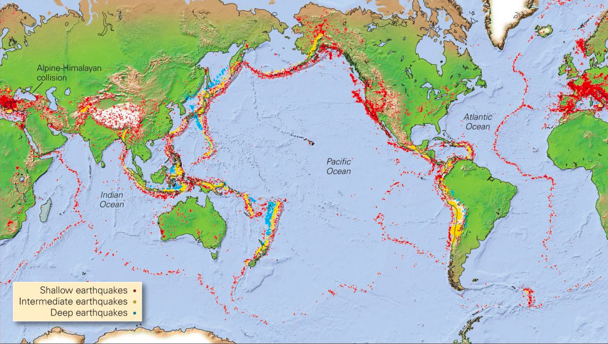 Alpine-Himalayan
collision
Indian
Ocean
Shallow earthquakes
Intermediate earthquakes
Deep earthquakes
O
Pacific
Ocean
Atlantic
Ocean
