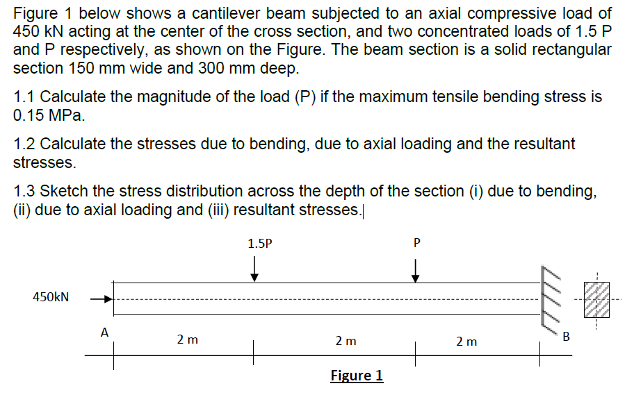 Figure 1 below shows a cantilever beam subjected to an axial compressive load of
450 kN acting at the center of the cross section, and two concentrated loads of 1.5 P
and P respectively, as shown on the Figure. The beam section is a solid rectangular
section 150 mm wide and 300 mm deep.
1.1 Calculate the magnitude of the load (P) if the maximum tensile bending stress is
0.15 MPa.
1.2 Calculate the stresses due to bending, due to axial loading and the resultant
stresses.
1.3 Sketch the stress distribution across the depth of the section (i) due to bending,
(ii) due to axial loading and (ii) resultant stresses.
1.5P
P
450kN
A
2 m
В
2 m
2 m
Figure 1
B.
