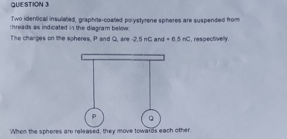 QUESTION 3
Two identical insulated, graphite-coated polystyrene spheres are suspended from
threads as indicated in the diagram below.
The charges on the spheres, P and Q, are -2,5 nC and +6,5 nC, respectively.
P
When the spheres are released, they move towards each other.