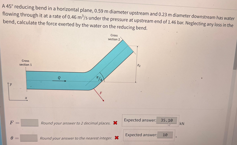 A 45° reducing bend in a horizontal plane, 0.59 m diameter upstream and 0.23 m diameter downstream has water
flowing through it at a rate of 0.46 m³/s under the pressure at upstream end of 1.46 bar. Neglecting any loss in the
bend, calculate the force exerted by the water on the reducing bend.
F
0
Cross
section 1
πA
F
Cross
section 2
Round your answer to 2 decimal places. X
Round your answer to the nearest integer. X
Expected answer:
Expected answer:
35.10
10
KN