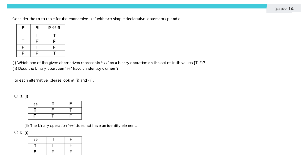 Consider the truth table for the connective '' with two simple declarative statements p and q.
Р
q
T
T
T
F
F
T
F
F
(i) Which one of the given alternatives represents "→ as a binary operation on the set of truth values {T, F}?
(ii) Does the binary operation '' have an identity element?
For each alternative, please look at (i) and (ii).
O a. (i)
p+q
T
F
F
T
T
F
T
T
F
T
(ii) The binary operation'' does not have an identity element.
O b. (i)
F
T
F
T
T
F
F
F
F
Question 14