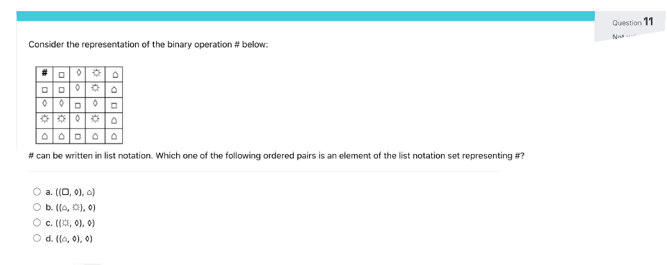 Consider the representation of the binary operation # below:
#
0
0 3
*
0
0
* * 0 *
O
0
0
O a. ((0, 0), o)
O b. ((0,*), 0)
○ c. ((,0), 0)
O d. ((0, 0), 0)
0
0
0
# can be written in list notation. Which one of the following ordered pairs is an element of the list notation set representing #?
Question 11
Not