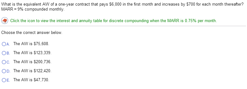 What is the equivalent AW of a one-year contract that pays $6,000 in the first month and increases by $700 for each month thereafter?
MARR = 9% compounded monthly.
Click the icon to view the interest and annuity table for discrete compounding when the MARR is 0.75% per month.
Choose the correct answer below.
OA. The AW is $75,608.
OB. The AW is $123,339.
Oc. The AW is $200,736.
OD. The AW is $122,420.
OE. The AW is $47,730.