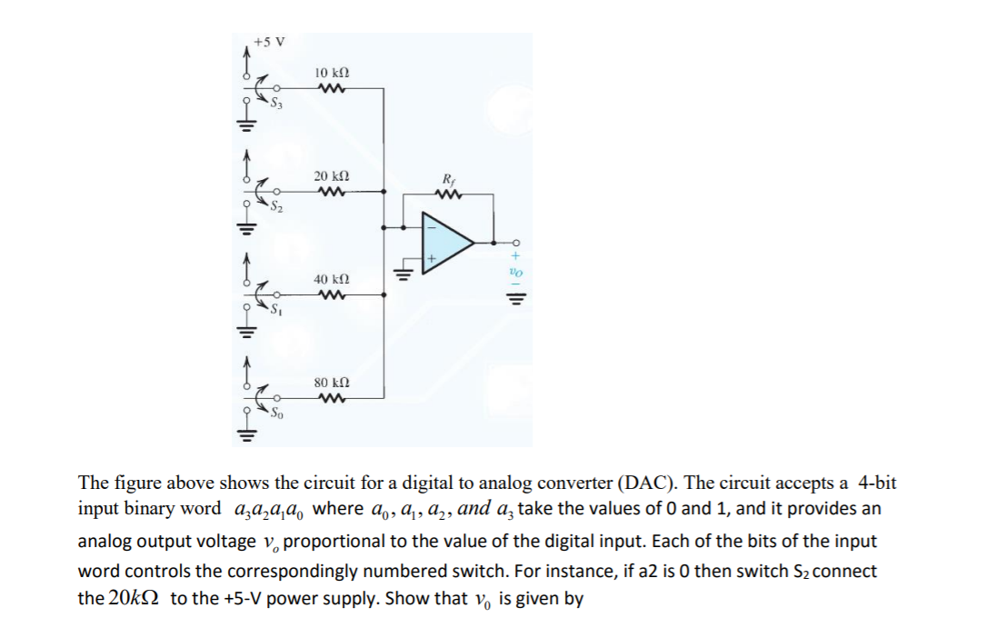 +5 V
10 kn
20 kΩ
40 kf2
80 kO
The figure above shows the circuit for a digital to analog converter (DAC). The circuit accepts a 4-bit
input binary word a,a,a,a, where a,, a,, a,, and a, take the values of 0 and 1, and it provides an
analog output voltage v, proportional to the value of the digital input. Each of the bits of the input
word controls the correspondingly numbered switch. For instance, if a2 is 0 then switch S2 connect
the 20kN to the +5-V power supply. Show that v is given by
