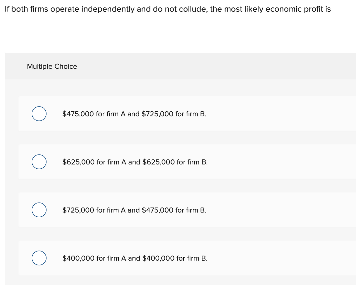 If both firms operate independently and do not collude, the most likely economic profit is
Multiple Choice
$475,000 for firm A and $725,000 for firm B.
$625,000 for firm A and $625,000 for firm B.
$725,000 for firm A and $475,000 for firm B.
$400,000 for firm A and $400,000 for firm B.
