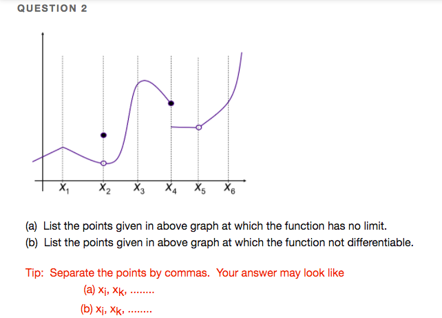 QUESTION 2
X2
X3
X4 X5 X6
(a) List the points given in above graph at which the function has no limit.
(b) List the points given in above graph at which the function not differentiable.
Tip: Separate the points by commas. Your answer may look like
(a) Xj, Xk, ..
(b) Xị, Xk,
