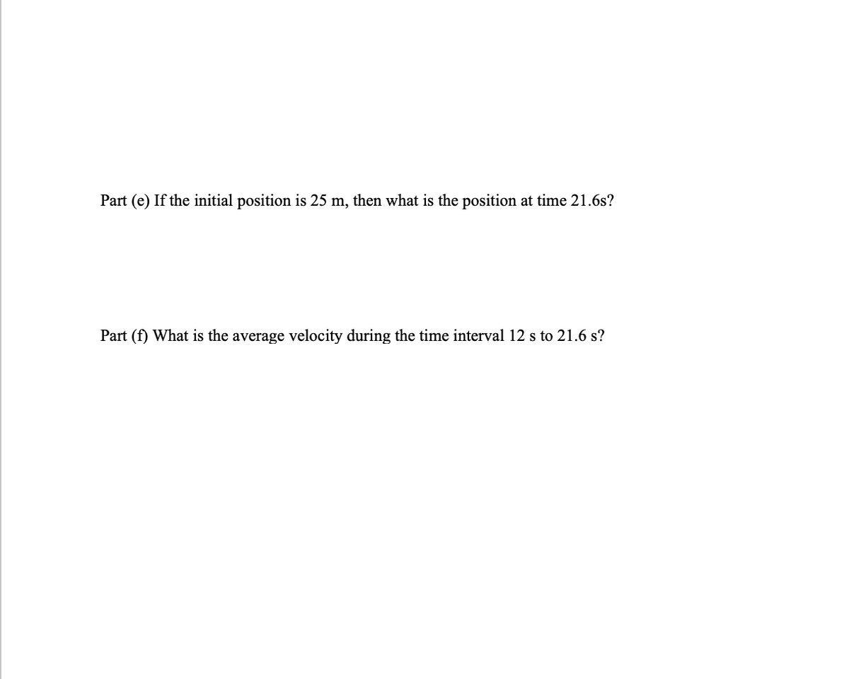 Part (e) If the initial position is 25 m, then what is the position at time 21.6s?
Part (f) What is the average velocity during the time interval 12 s to 21.6 s?
